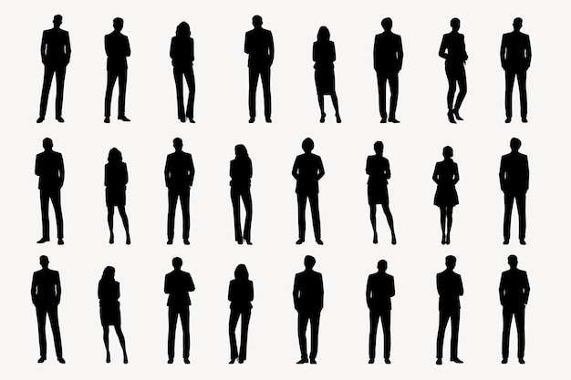 Vector de conjunto de gestos de silhueta de pessoas de negócios em pé