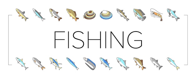 Vector de conjunto de ícones de aquicultura de pesca comercial
