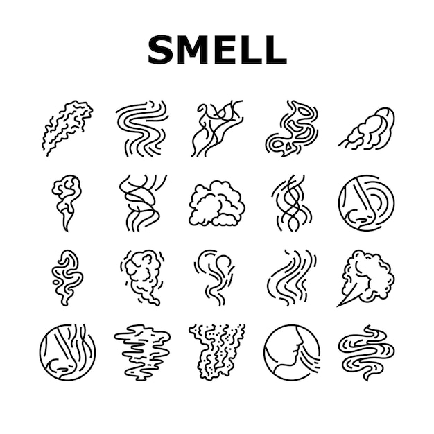Vector de conjunto de ícones de cheiro, fumaça, gás, nariz e aroma