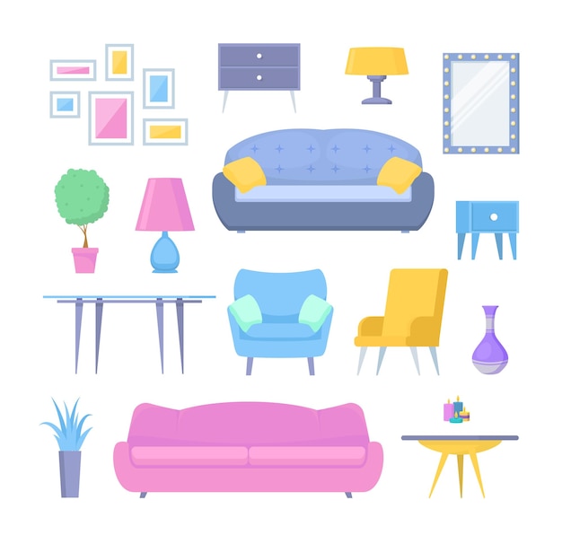 Vector de conjunto de ícones de cores de desenhos animados para móveis e acessórios domésticos