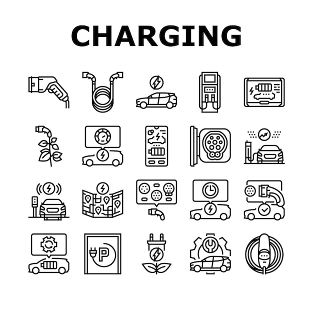 Vetor vector de conjunto de ícones de estações de carregamento de veículos elétricos