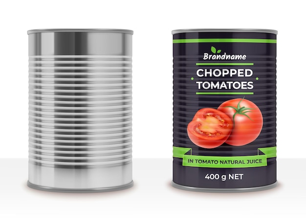 Vector de conjunto de latas e rótulos vazios de tomates enlatados 3D detalhados e realistas