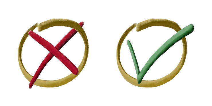 Vetor vector de cruz vermelha e marca de verificação desenhada à mão com um pincel