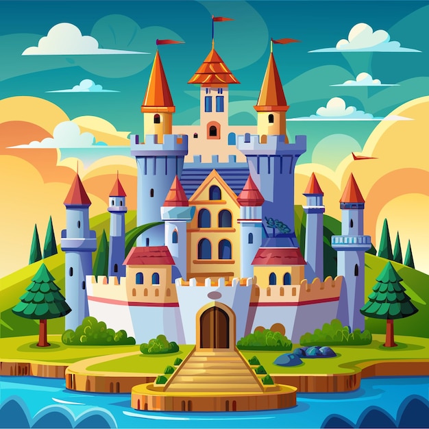 Vetor vector de desenho animado do castelo real ilustração conceito de obra de arte de estilo plano
