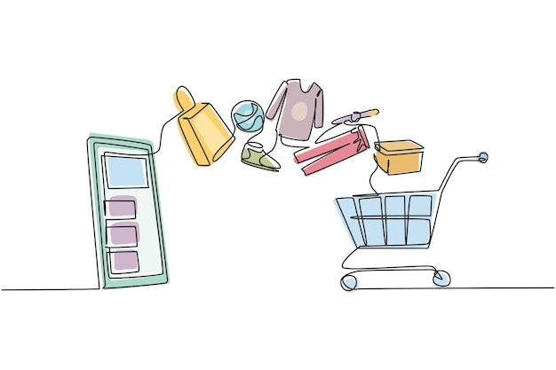Vector de design contínuo de uma linha desenhando carrinho de compras de smartphone com produtos comprados on-line