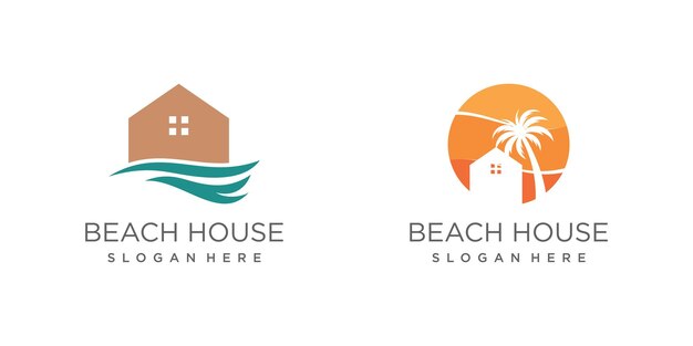 Vetor vector de design de logotipo de praia com ícone de casa e conceito de elemento criativo