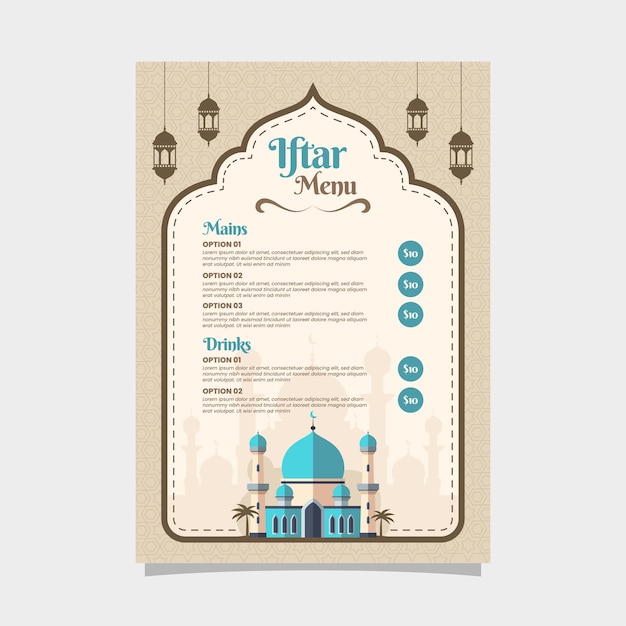 Vector de design de menu iftar islâmico com ilustração de mesquita
