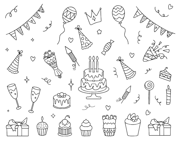 Vector de doodle de aniversário Conjunto de elementos de festa de aniversário com design de linha preta bonita