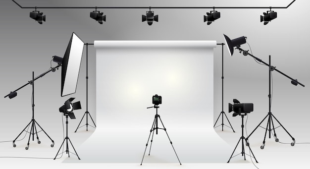 Vector de estúdio de fotografia Dispositivos fotográficos Estúdio de foto fundo branco em branco
