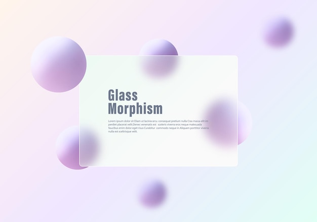 Vector de fundo de morfismo de vidro com esferas púrpuras pastel e painel de UI frosted