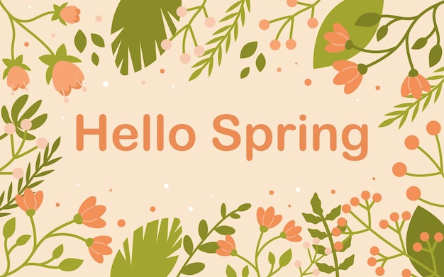 Vector de fundo de primavera olá primavera de primavera bandeira web flores e plantas em fundo de pêssego