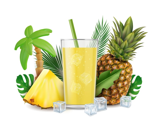 Vector de fundo realista detalhado de suco de abacaxi fresco em 3D