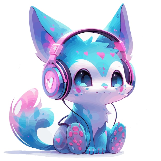 Vetor vector de gato azul bonito com olhos e orelhas grandes usando fone de ouvido