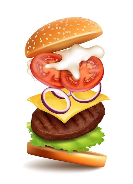 Vector de hambúrguer voador realista e detalhado em 3D