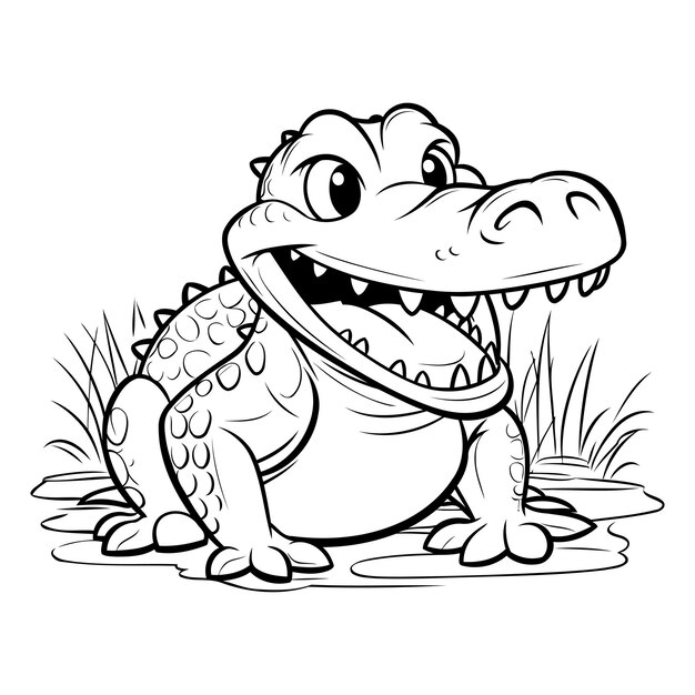 Vetor vector de ilustração de desenho animado em preto e branco de crocodilo