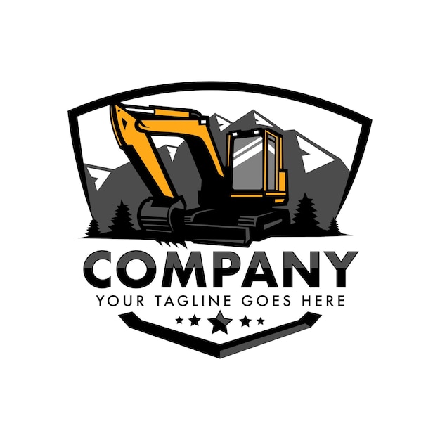 Vetor vector de ilustração de design de logotipo de escavadora para a empresa de construção backhoe com montanhas em escudo