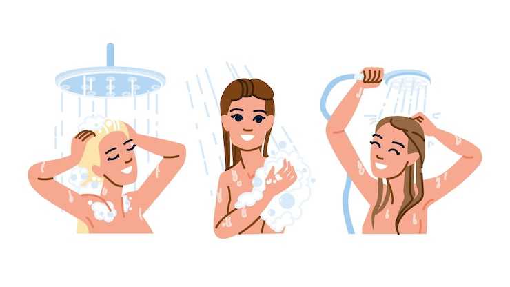 Vetor vector de mulher de shampoo e chuveiro