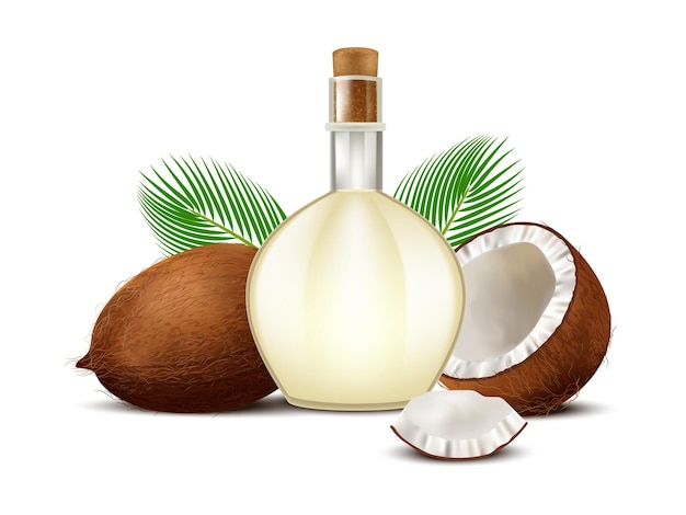 Vector de óleo de coco Composição realista de garrafa de óleo com coco metade inteira de palmeira