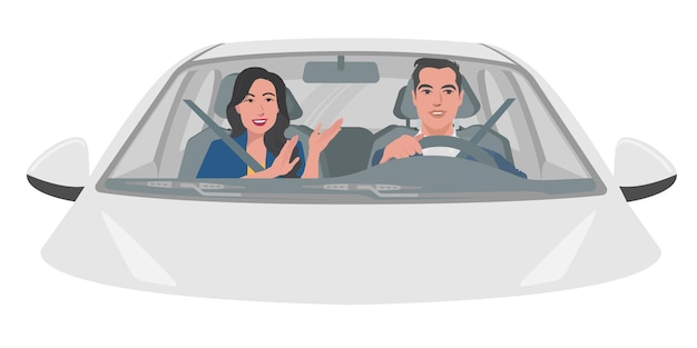 Vector de um casal a conduzir um carro branco