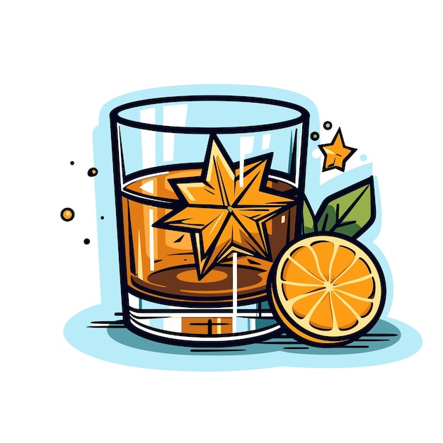 Vector de um copo de uísque com uma fatia de laranja em uma mesa de madeira