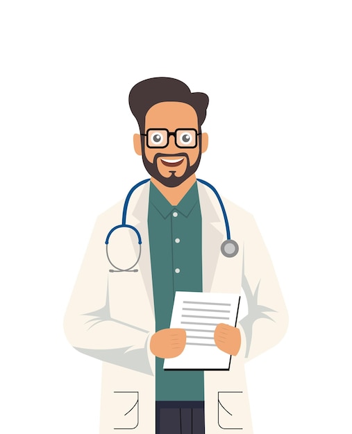 Vector de um médico sorridente em casaco de laboratório segurando um caderno com um estetoscópio ao redor do pescoço