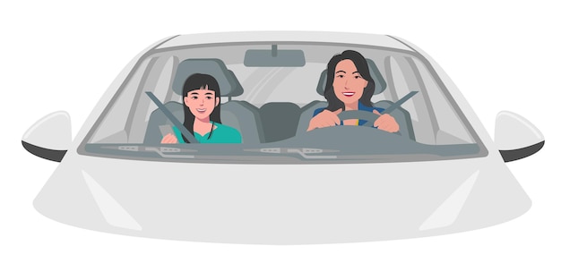 Vector de uma mulher bonita a conduzir um carro branco com uma filha