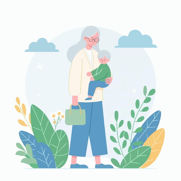 Vector de uma pessoa segurando seu filho em um estilo de design plano Fundo de planta