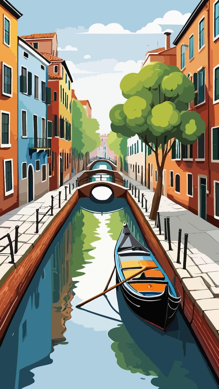 Vetor vector de uma pintura de um canal com barco e ponte
