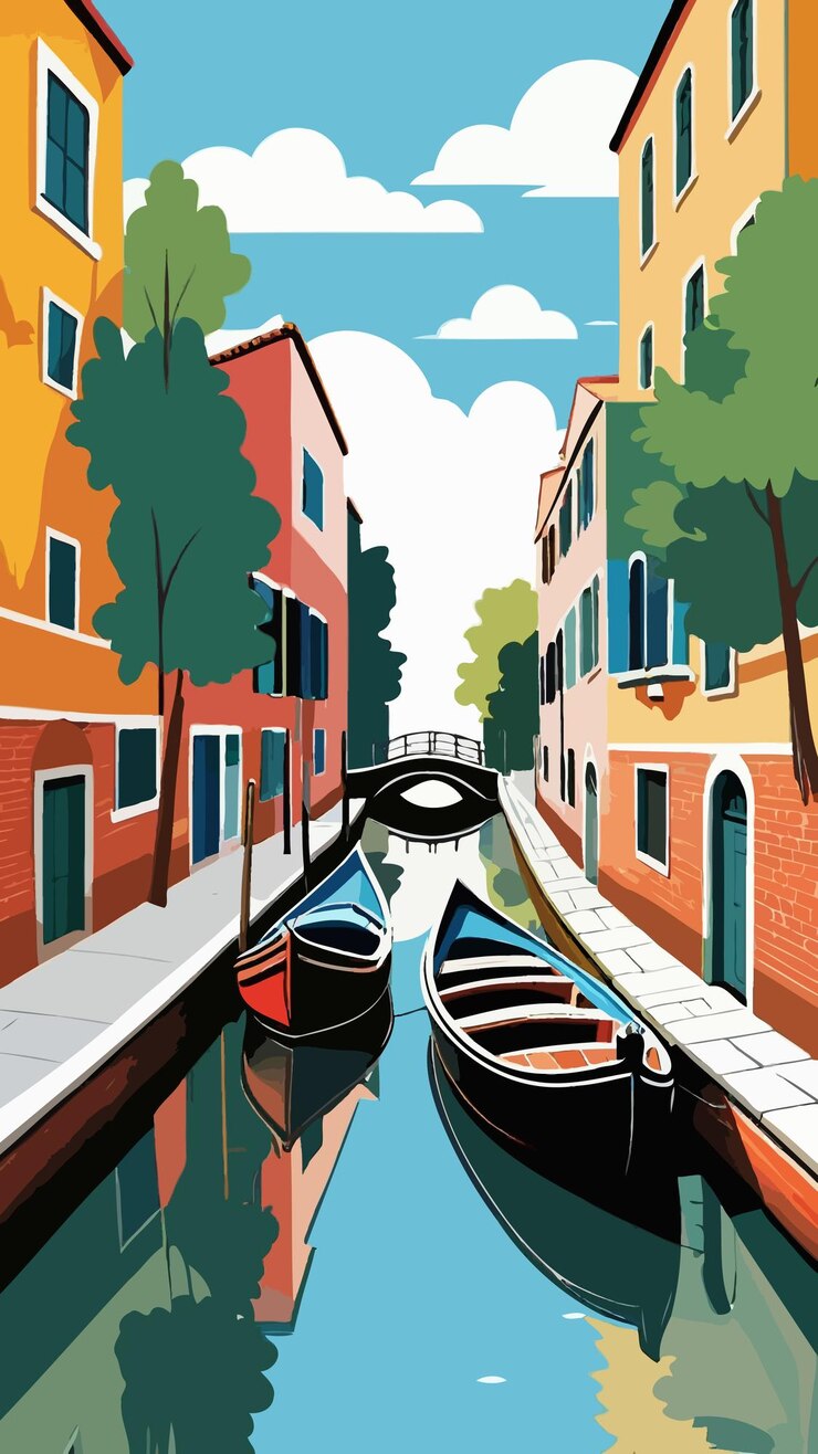 Vetor vector de uma pintura de um canal com barco e ponte