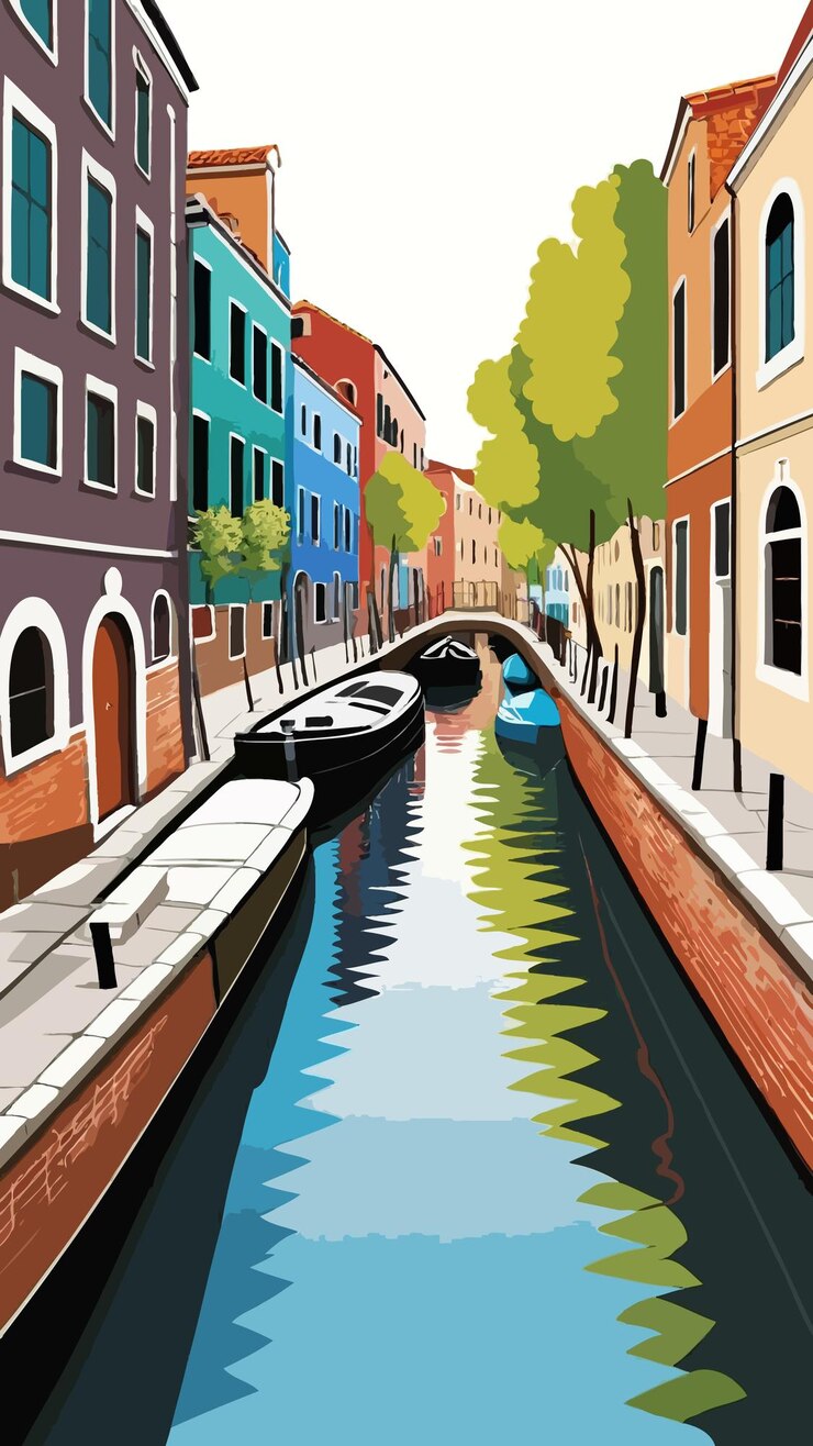 Vetor vector de uma pintura de um canal com barco e ponte
