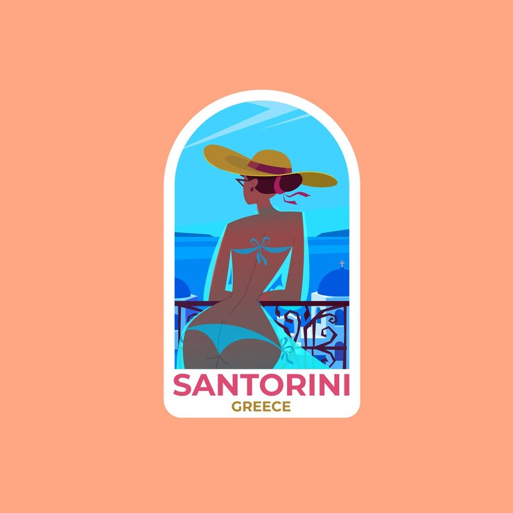 Vetor vector de viagem sticker uma menina de biquíni olha para o horizonte do mar santorini grécia