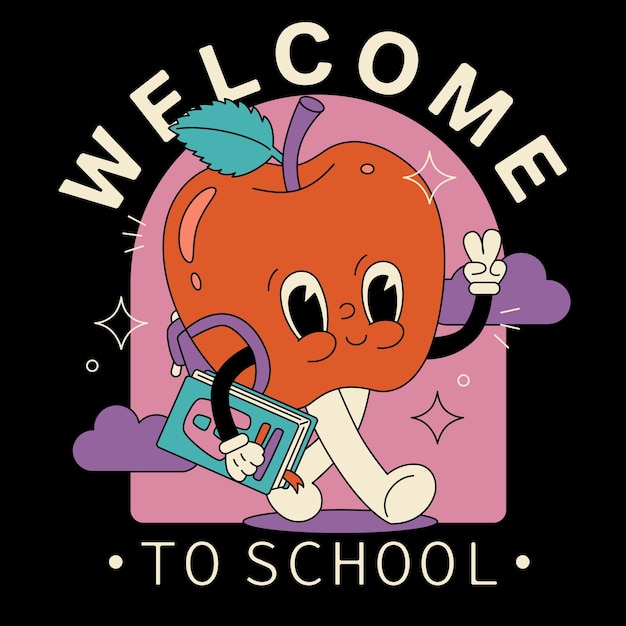 Vetor vector de volta à escola pós ilustração de desenho animado tradicional maçã vermelha feliz com mochila