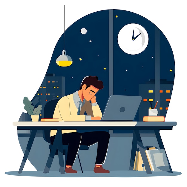 Vector de workaholic homens no escritório até tarde da noite