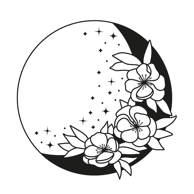 Vetor vector desenhado à mão crescente lua e flores potentilla
