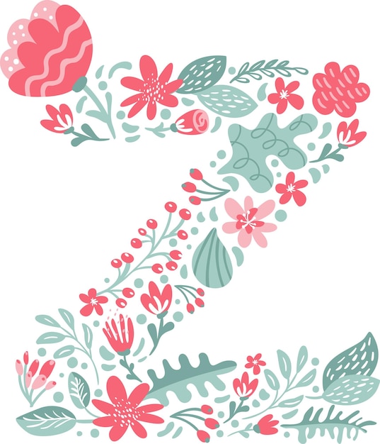 Vector desenhado à mão fonte letra z com flores e galhos flor da primavera alfabeto floral tipografia maiúsculas letra de verão monograma ou logotipo design de casamento abc