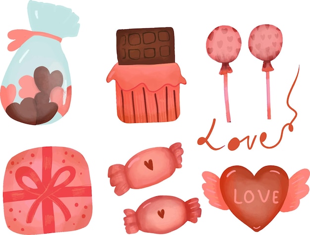 Vetor vector desenhado à mão valentines dia elementos conjunto de chocolate e doces aquarela elementos isolados