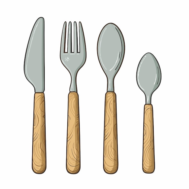 Vector desenho animado Cor conjunto de talheres com alças de madeira faca garfo colher de chá 3