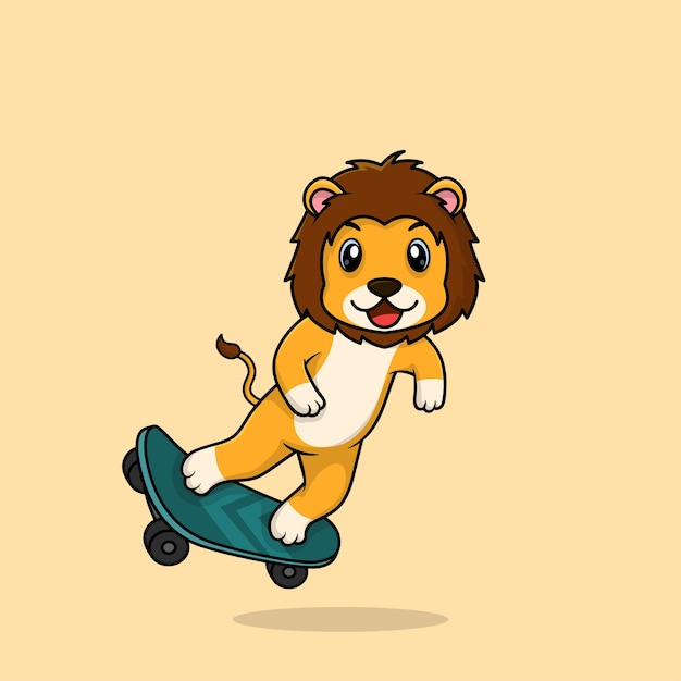 Vector desenho animado de leão bebê fofo jogando ilustração plana de ícone de skate