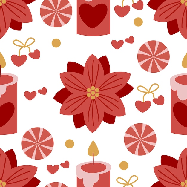 Vector desenho floral de natal sem costura flores e velas de poinsettia vermelhas