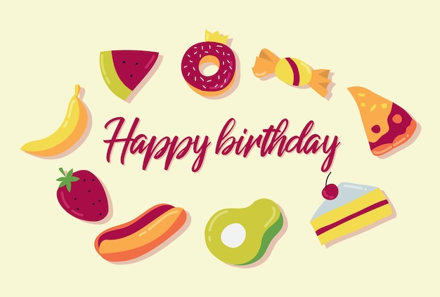 Vetor vector design comida e bolo feliz aniversário saudação