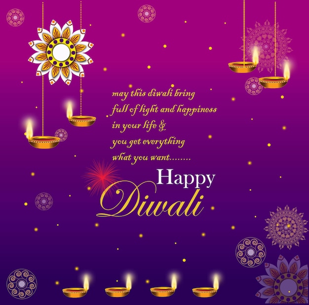 Vector design de cartaz de feliz Diwali com um belo fundo com decoração de diya e arte de mandala