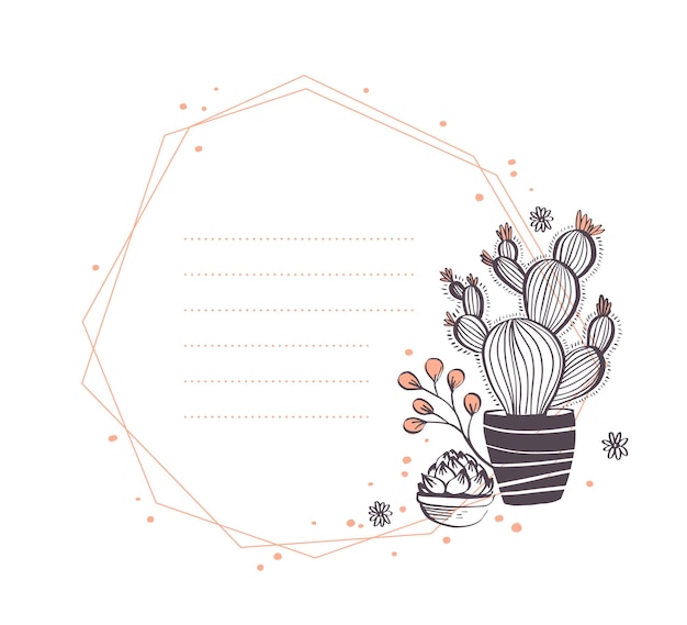 Vector design de moldura geométrica abstrata com cactos no pote, ramos, arranjos de elementos florais isolados no fundo branco. Estilo de esboço desenhado de mão. Bom para convite de casamento, cartão, etiqueta, etc.
