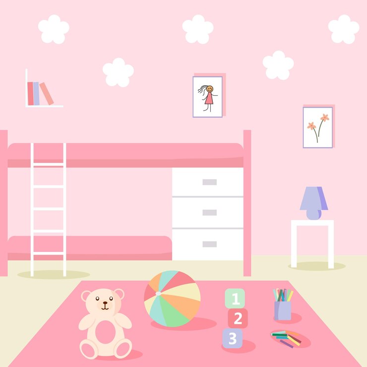 Vetor vector design de quarto infantil quarto rosa quarto de menina design de quarto infantil