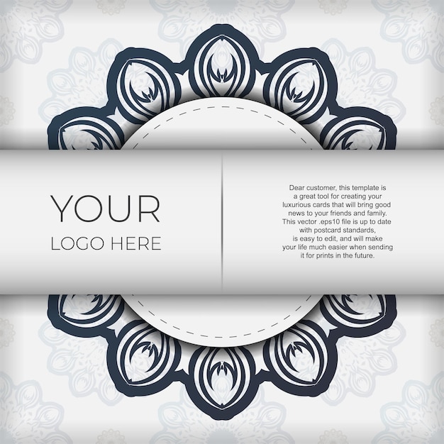 Vector design elegante cartão postal branco com ornamento vintage azul escuro. cartão de convite elegante com padrões gregos.