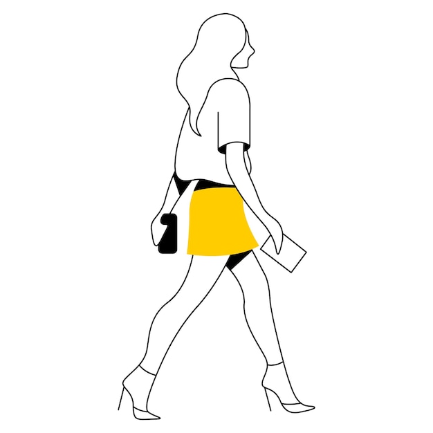 Vector design plano ilustração linear na moda linda mulher elegante em saia midi longa