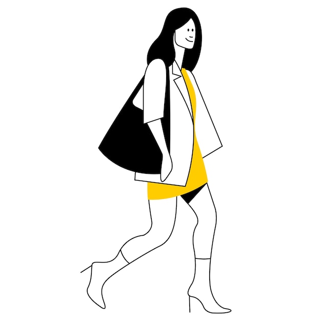 Vetor vector design plano na moda ilustração linear mulher bonita e elegante na jaqueta andando. 2d pessoas.