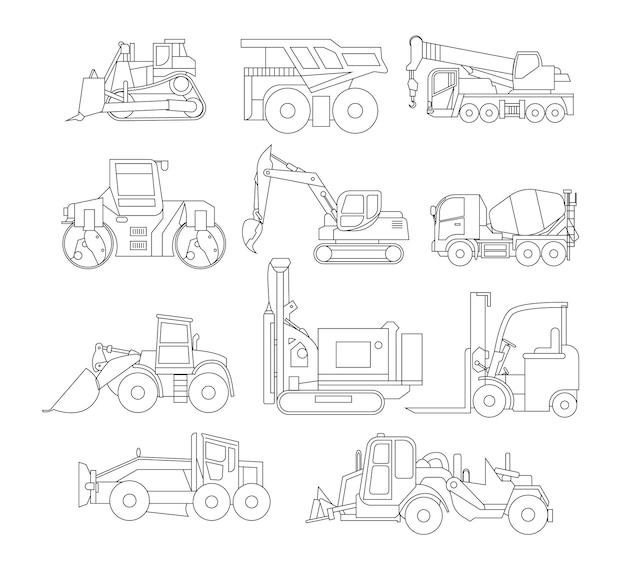 Vetor vector diferentes tipos de veículos de construção lineart