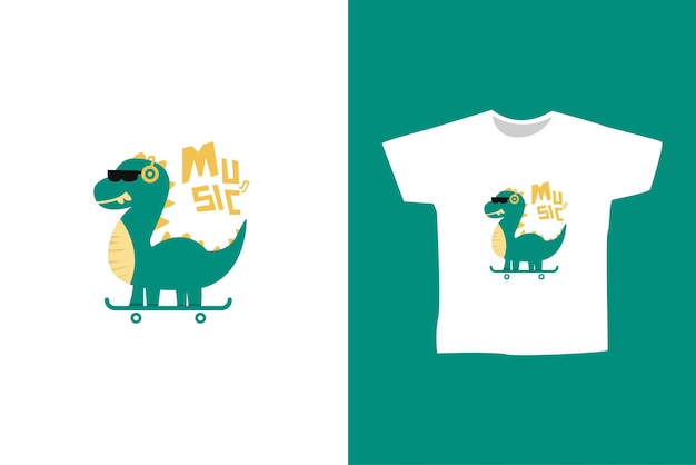 Vetor vector dino fofo ouvindo música no skate para impressão ou design de camiseta