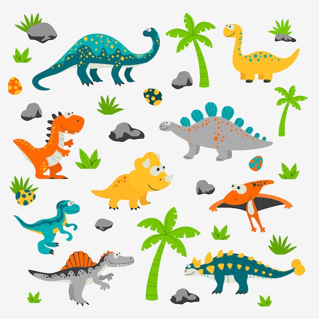 Vector dinossauros plano bonito e engraçado trex stegosaurus velociraptor pterodactyl brachiosaurus ankylosaurus diplodocus spinosaurus brontosaurus triceratops dinosaur set isolado no branco