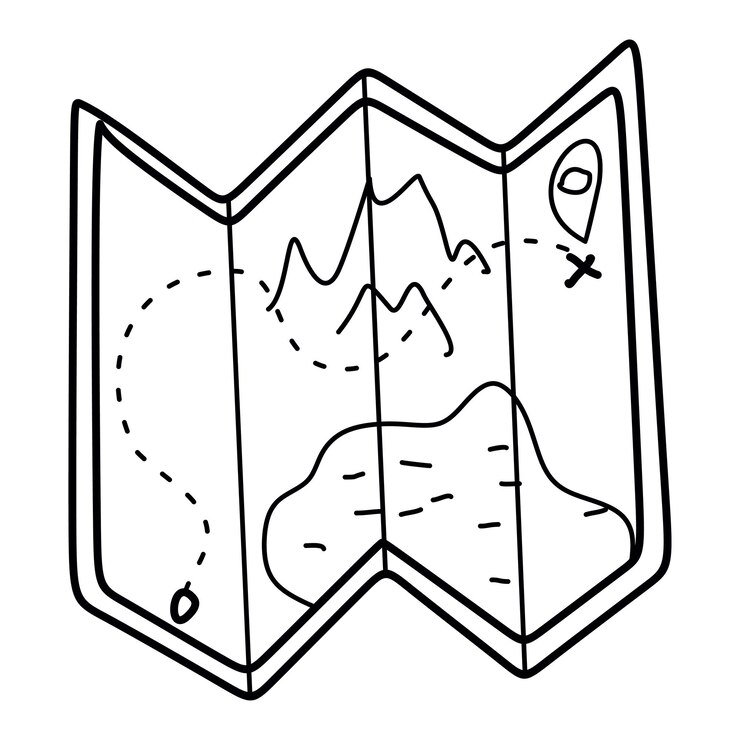 Vetor vector doodle caça ao tesouro mapa de papel vector cor ilustração de linha isolada em branco conceito de viagem e férias clipart desenhado à mão para aplicativo de navegação logo card agência de férias jogo de aventura